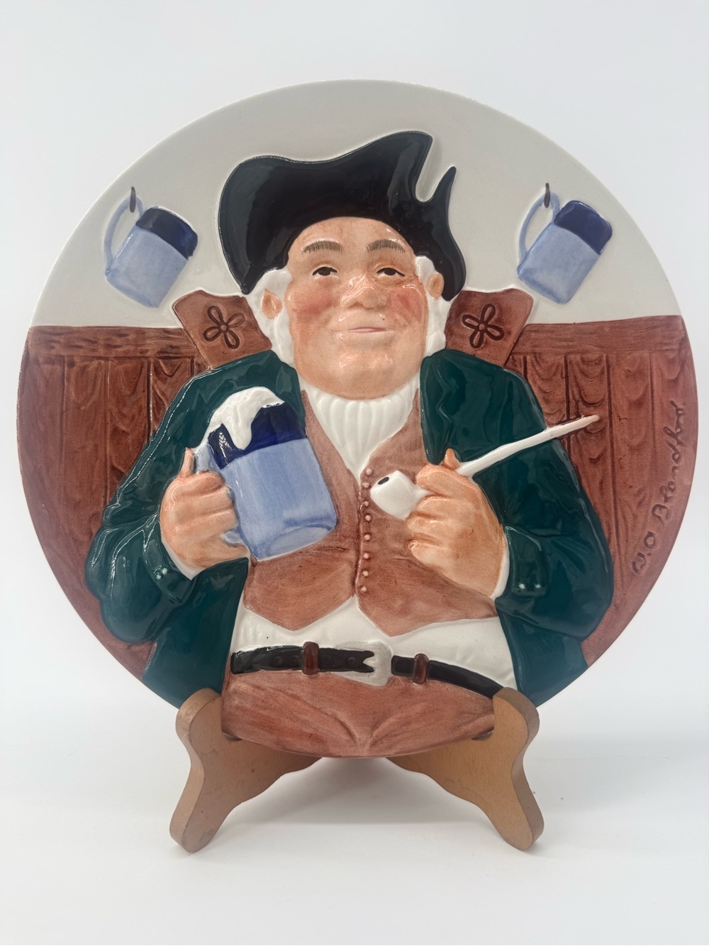 Hand-Painted Ceramic Wall Plaque — Green & Brown Seated Gentleman